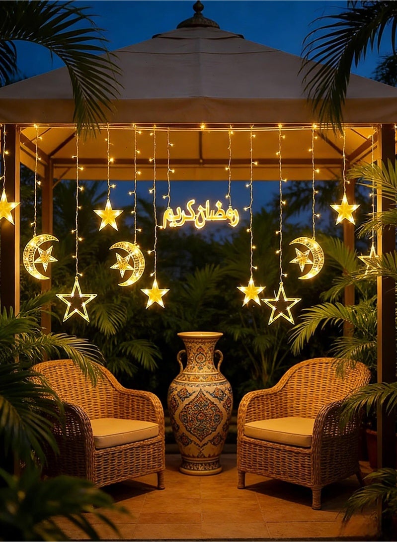 توبيتش أضواء رمضان، أضواء زينة رمضان بيضاء دافئة على شكل قمر ونجوم، زينة نوافذ 8 أوضاع إضاءة داخلية وخارجية لزينة المنزل في رمضان - Image 1
